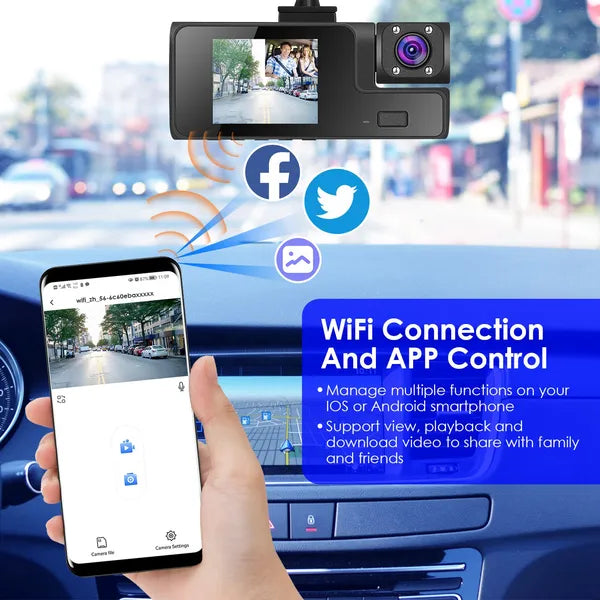 WiFi FHD 1080P Car Dash Cam 3 Channels Front Rear Inside Dash Camera With Loop Recording Reversing Visual 170° Wide Angle 64G Card Included by Tech-Home Store