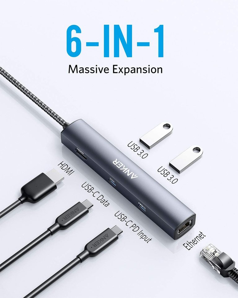 Anker 543 USB-C Hub 6-In-1 Slim - Compact USB-C Dock With Power Delivery, HDMI, Ethernet And USB-A Ports by Anker