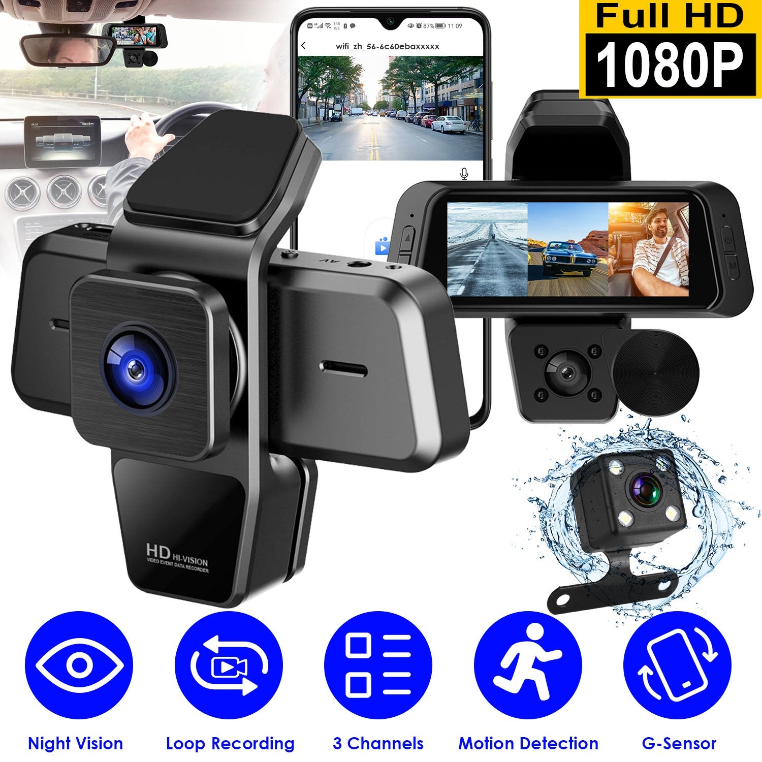 1080P FHD 3 Channel WiFi Dash Cam 170 Degree Wide Angle Triple Car Camera With IR Night G Sensor Motion Detection Loop Recording App Control Support 128G Max by Tech-Home Store