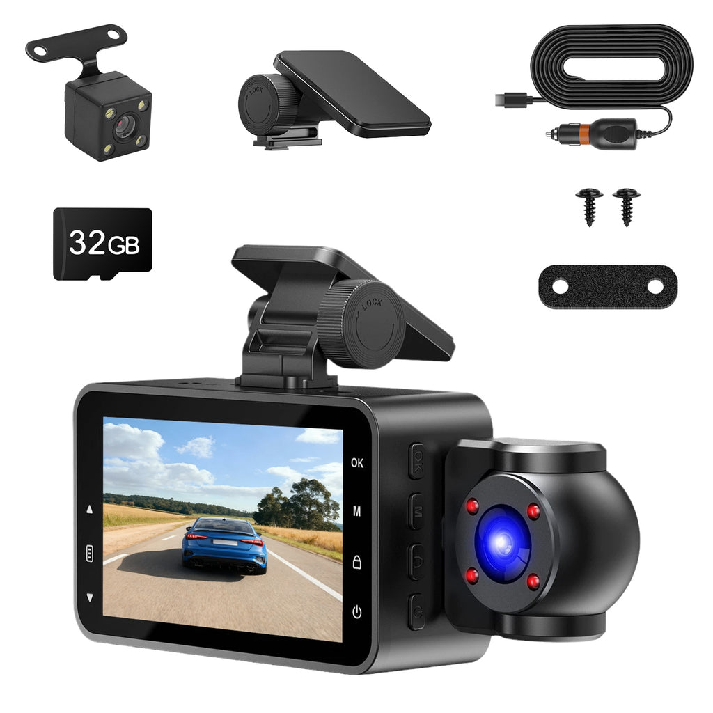 WiFi FHD 1080P 3 Channel Car Dash Cam Front Rear Inside With 32G MMC Card Motion Detection Loop Recording Infrared Night Vision Surveillance Car Camera With App Control by Tech-Home Store