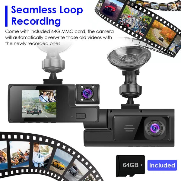 WiFi FHD 1080P Car Dash Cam 3 Channels Front Rear Inside Dash Camera With Loop Recording Reversing Visual 170° Wide Angle 64G Card Included by Tech-Home Store