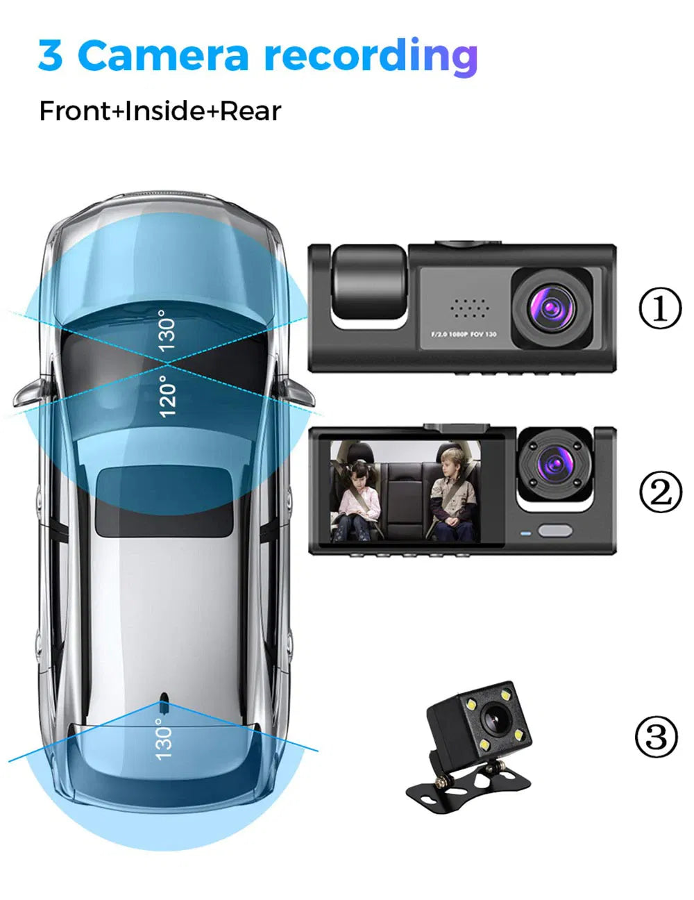 Car Dual Lens Dash Cam HD 1080P Front Rear Inside Video Recorder Camera G-Sensor by Tech-Home Store