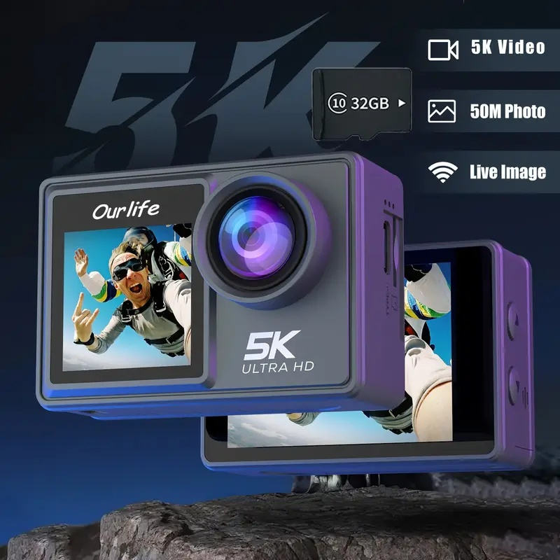 Ourlife 5K 30fps Action Cam 50MP EIS Wifi Wireless Dual Dcreen Vlog Camera With 32GB Memory Card by Tech-Home Store
