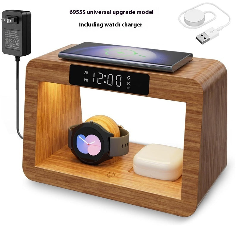 Multifunctional Bamboo Table Lamp Alarm Clock Wireless Charger by Tech-Home Store
