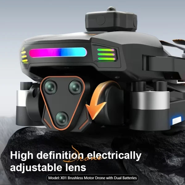 New Foldable Quadcopter Drone X01 Features: 4.5-inch Independent Display Screen Triple Cameras USB Charging Remote Controller Motorized Adjustable Camera Real-time Screen Image Transmission 360° by Tech-Home Store