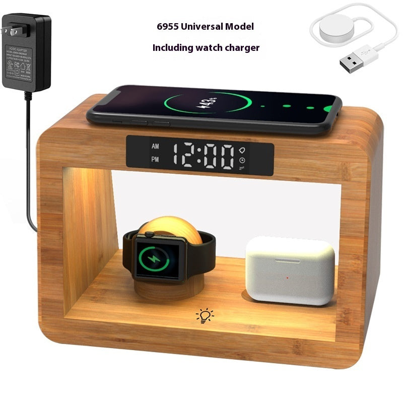 Multifunctional Bamboo Table Lamp Alarm Clock Wireless Charger by Tech-Home Store