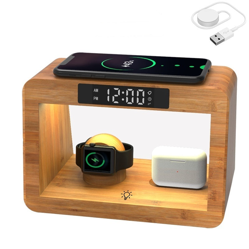 Multifunctional Bamboo Table Lamp Alarm Clock Wireless Charger by Tech-Home Store