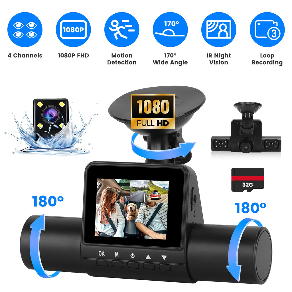360 Degree View FHD 4 Channel Dash Cam 1080P Front 480P Rear Left Right Inside Dash Camera With IR Night Vision Loop Recording Motion Detection Free 32GB MMC Card by Tech-Home Store