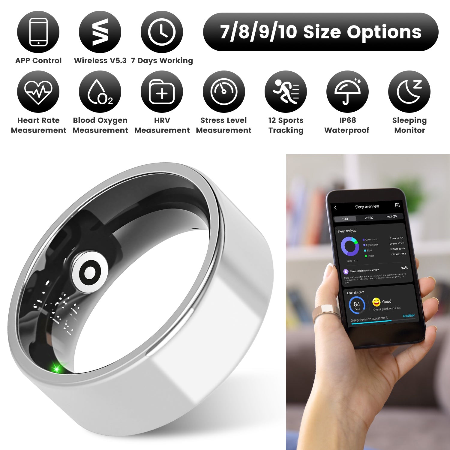 Smart Ring Health Tracker Fitness Sleep Stress HRV Tracker With Charging Case by Tech-Home Store