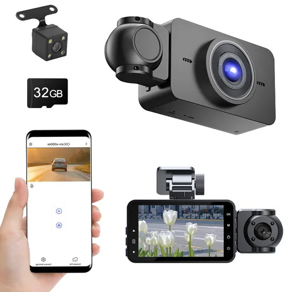 WiFi FHD 1080P 3 Channel Car Dash Cam Front Rear Inside With 32G MMC Card Motion Detection Loop Recording Infrared Night Vision Surveillance Car Camera With App Control by Tech-Home Store