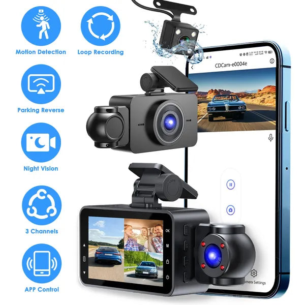 WiFi FHD 1080P 3 Channel Car Dash Cam Front Rear Inside With 32G MMC Card Motion Detection Loop Recording Infrared Night Vision Surveillance Car Camera With App Control by Tech-Home Store