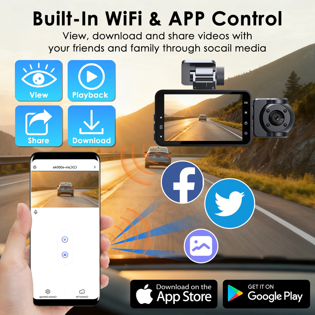 WiFi FHD 1080P 3 Channel Car Dash Cam Front Rear Inside With 32G MMC Card Motion Detection Loop Recording Infrared Night Vision Surveillance Car Camera With App Control by Tech-Home Store